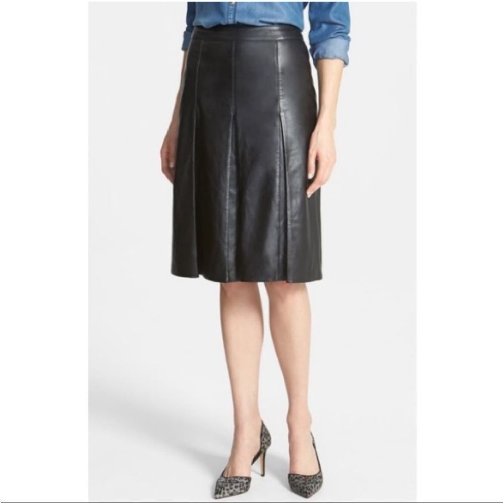 Halogen by Nordstrom Black Pleat 100% real genuine‎ Leather Skirt size 6 midi